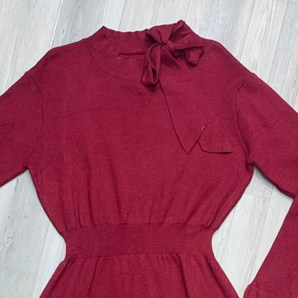 Short Flared Dress with Long Sleeves, Waist Cinching, and Bow Detail at the Neck - Picture 3 of 5